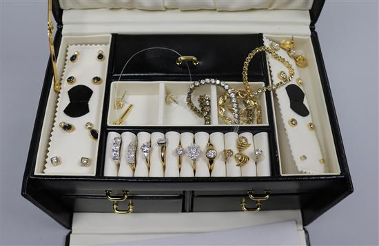 A jewellery box of costume jewellery and five gold plated Rotary watches.